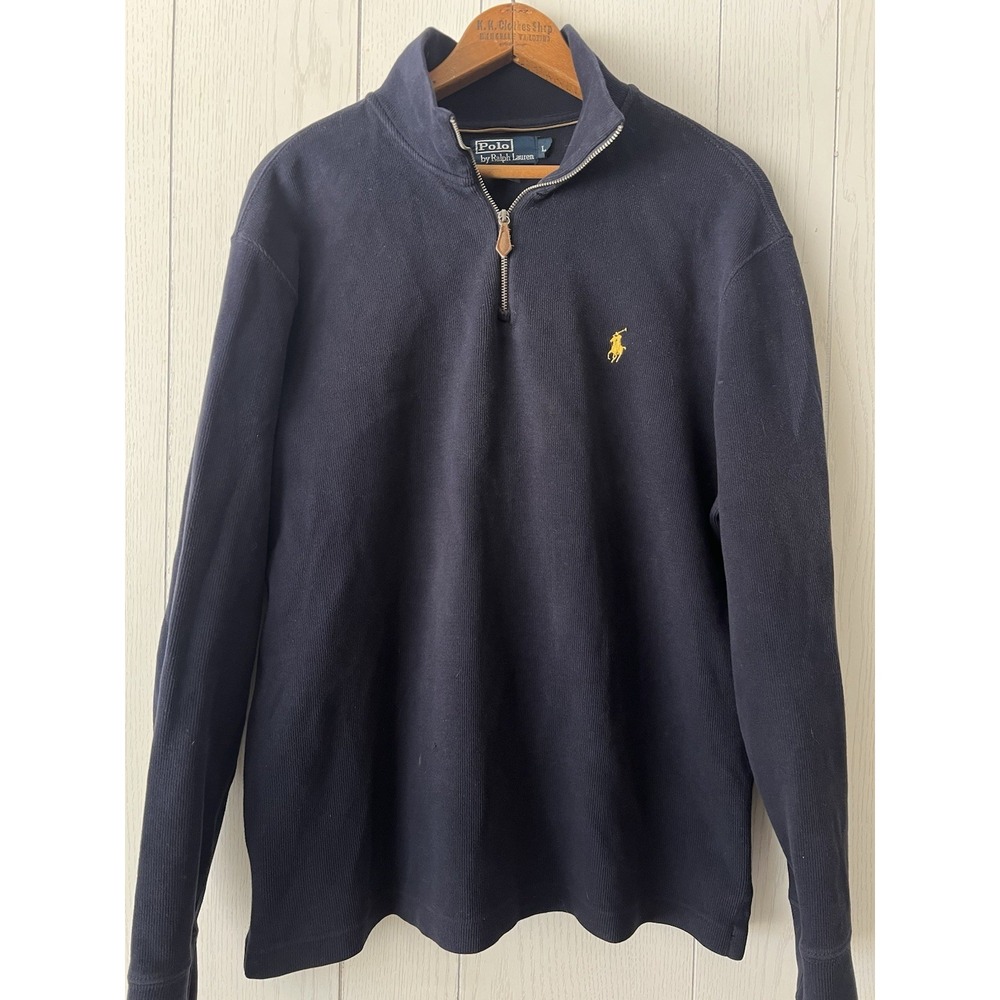 Vintage Polo Ralph Lauren 1/4 Zip Dark‎ Navy Blue Men's L Ribbed Knit Mock Neck